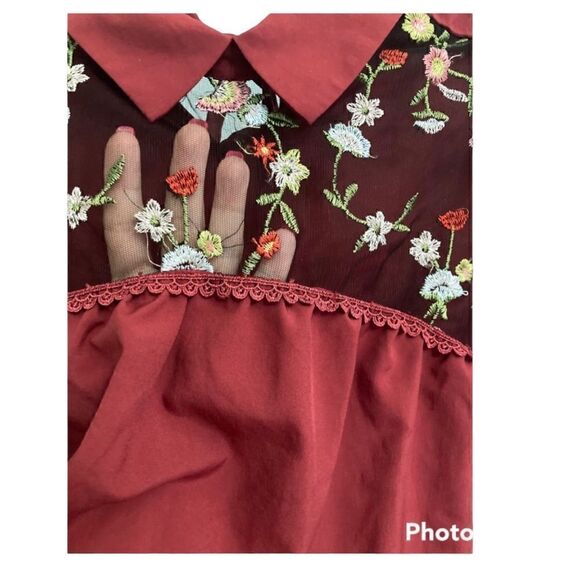 NWOT Collared Short Sleeve Blouse with Mesh and Embroidery - Picture 4 of 7
